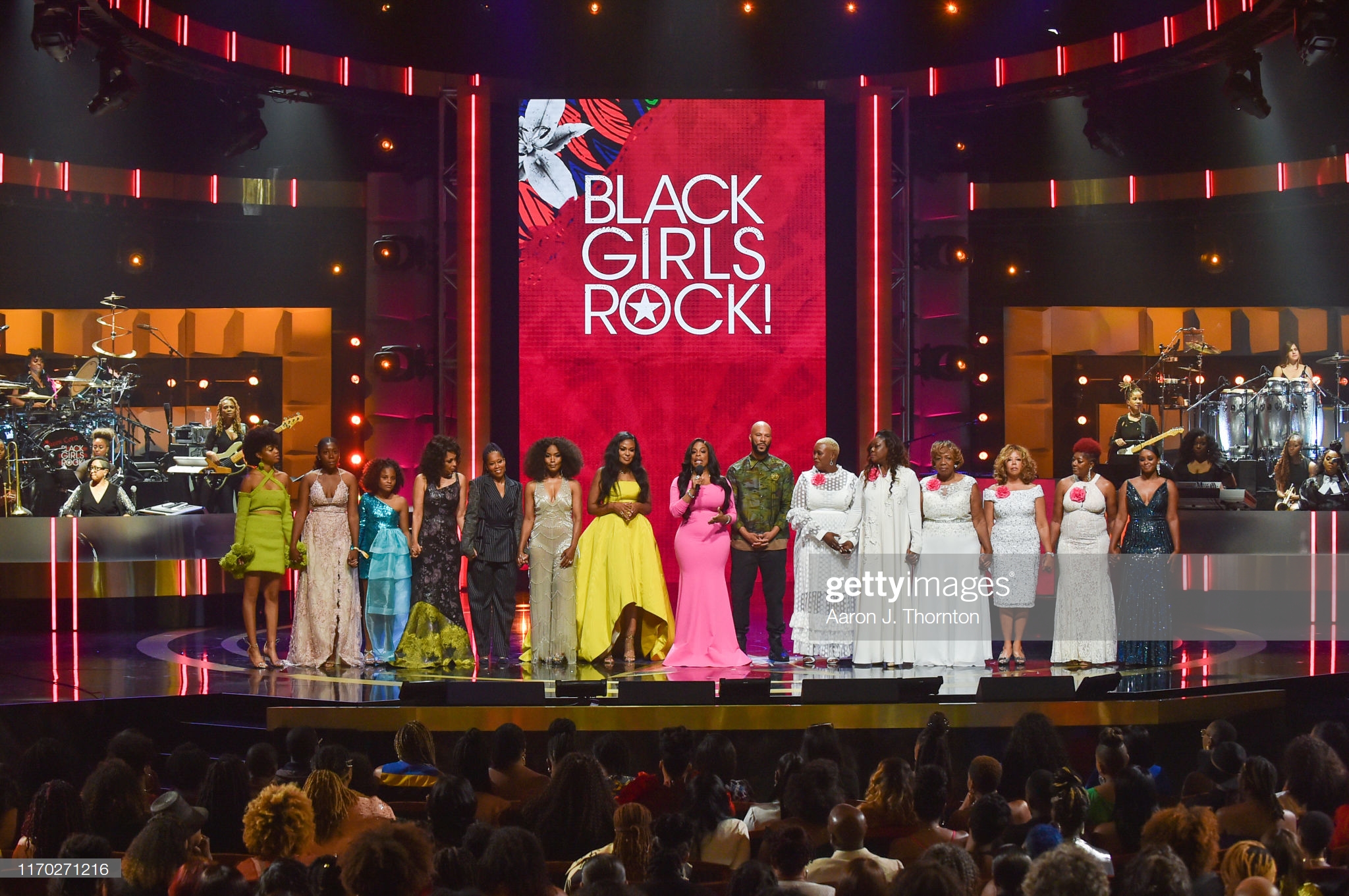 NEWARK, NEW JERSEY - AUGUST 25: Performers and Honorees onstage, including Debra Chase Martin, Regina King, Angela Bassett, Beverly Bond, Niecy Nash and Common at NJ Performing Arts Center on August 25, 2019 in Newark, New Jersey. (Photo by Aaron J. Thornton/WireImage)